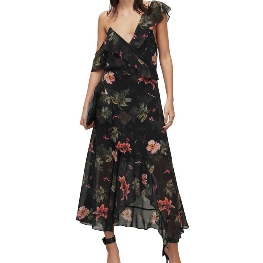 AllSaints Orion Viviana Floral One-Shoulder Ruffle Maxi Dress Women’s Size 2